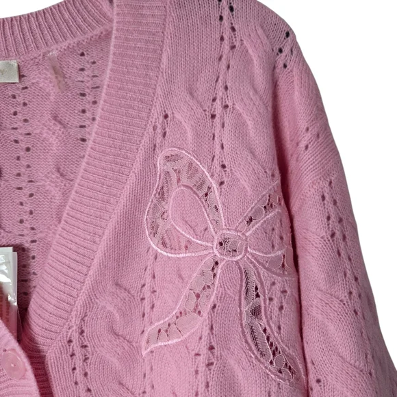 NWT LoveShackFancy Leota Wool Cashmere‎ Cardigan Pink Cable Knit Bow Sweater XL